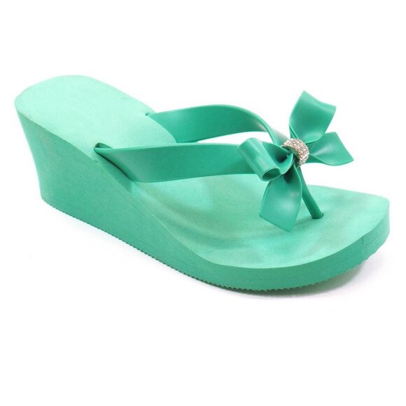 (11) Sea Green Bow Wedge Flip Flop Sandals - Picture 1 of 1